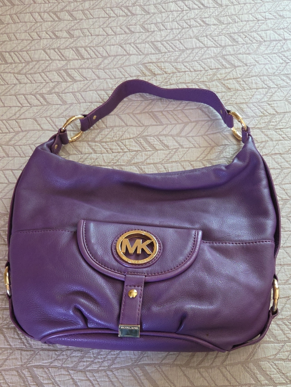 Michael Kors Plum Leather Hobo Shoulder Bag with Gold Hardware